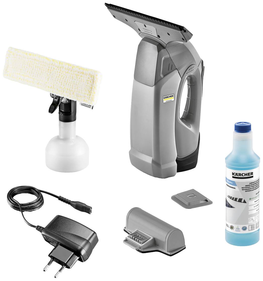 Ensemble de nettoyage comprenant un aspirateur de vitres, un vaporisateur avec housse de nettoyage, un chargeur, un accessoire et un produit de nettoyage.