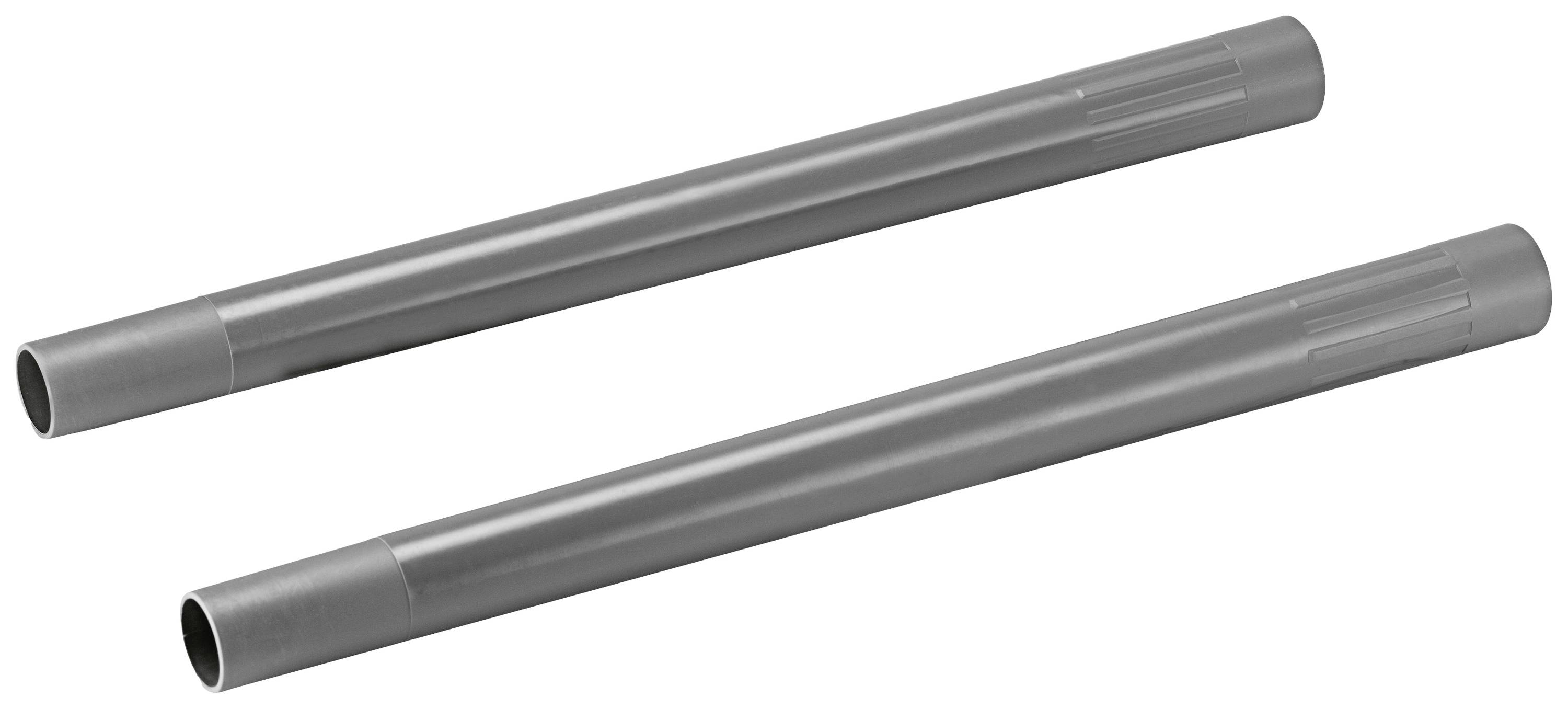 Deux tubes cylindriques gris côte à côte sur un fond blanc.