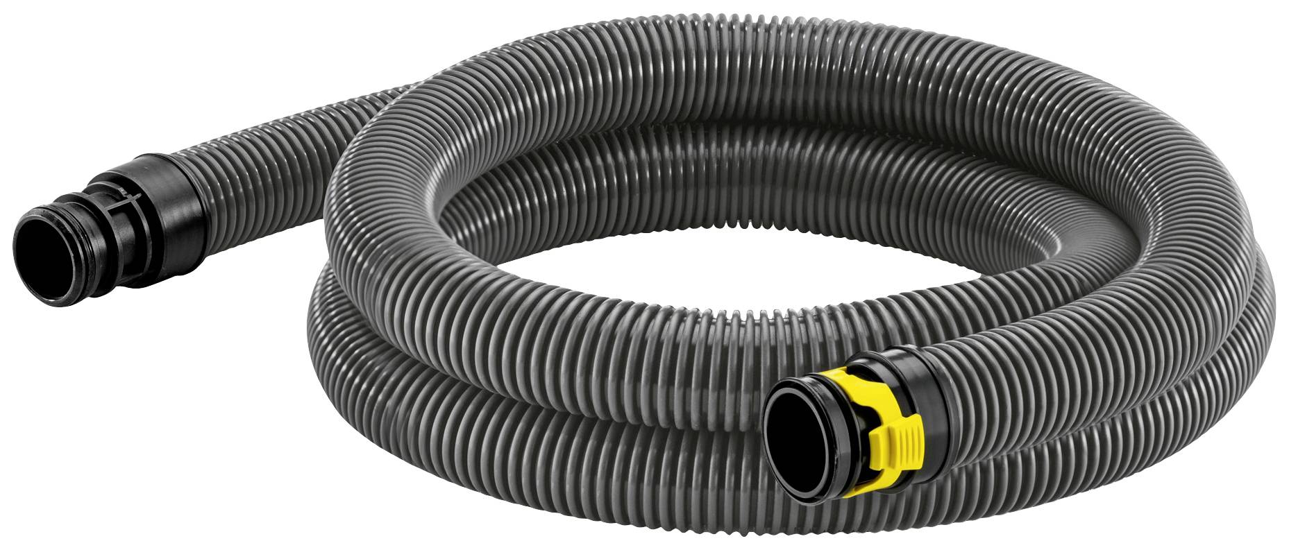 Tuyau d'aspiration ondulé gris avec raccords noirs. Convient aux aspirateurs ou aux systèmes de nettoyage industriels.