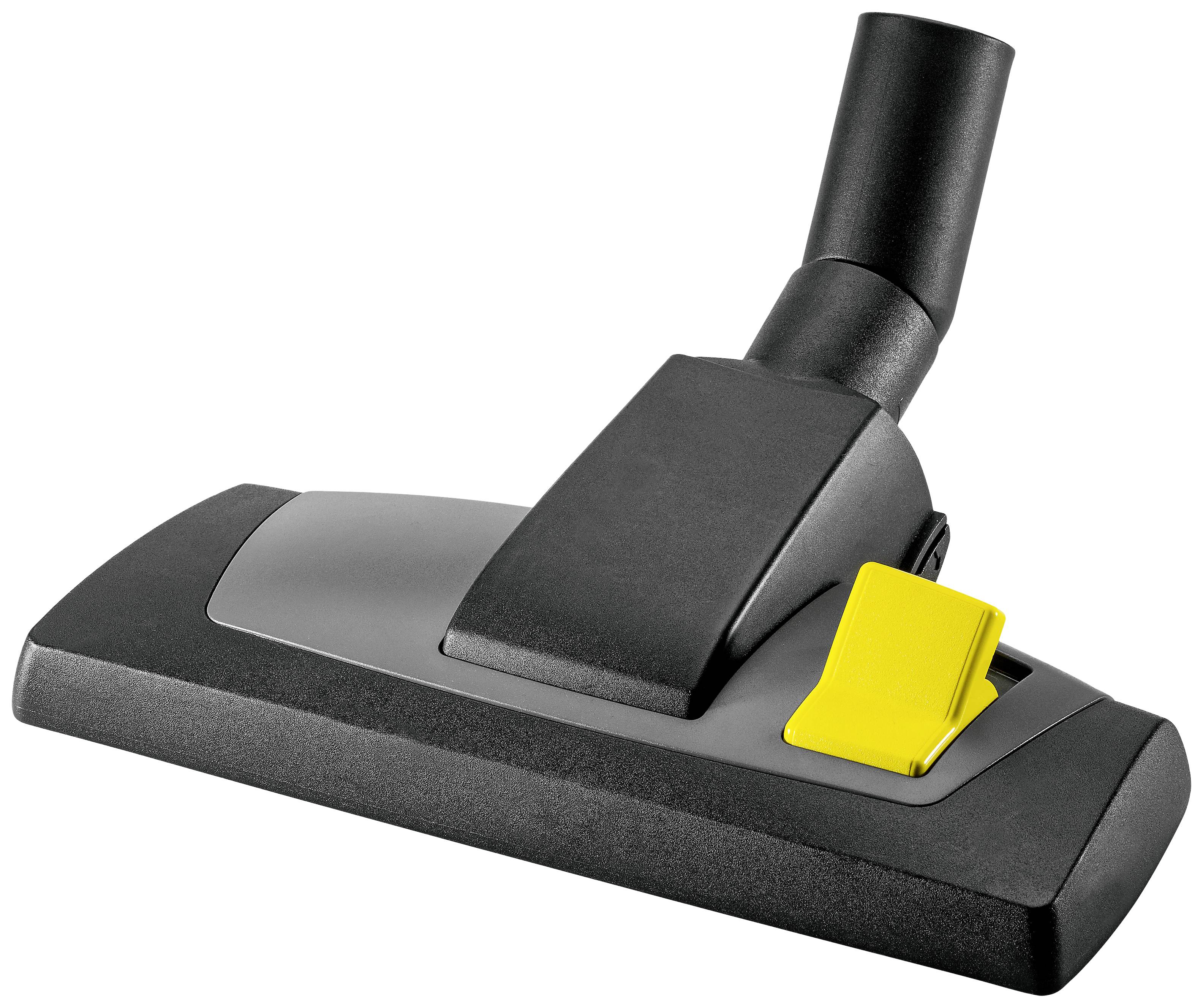 Embout d'aspirateur en noir et gris avec élément de commande jaune. Adapté à différents types de sols.