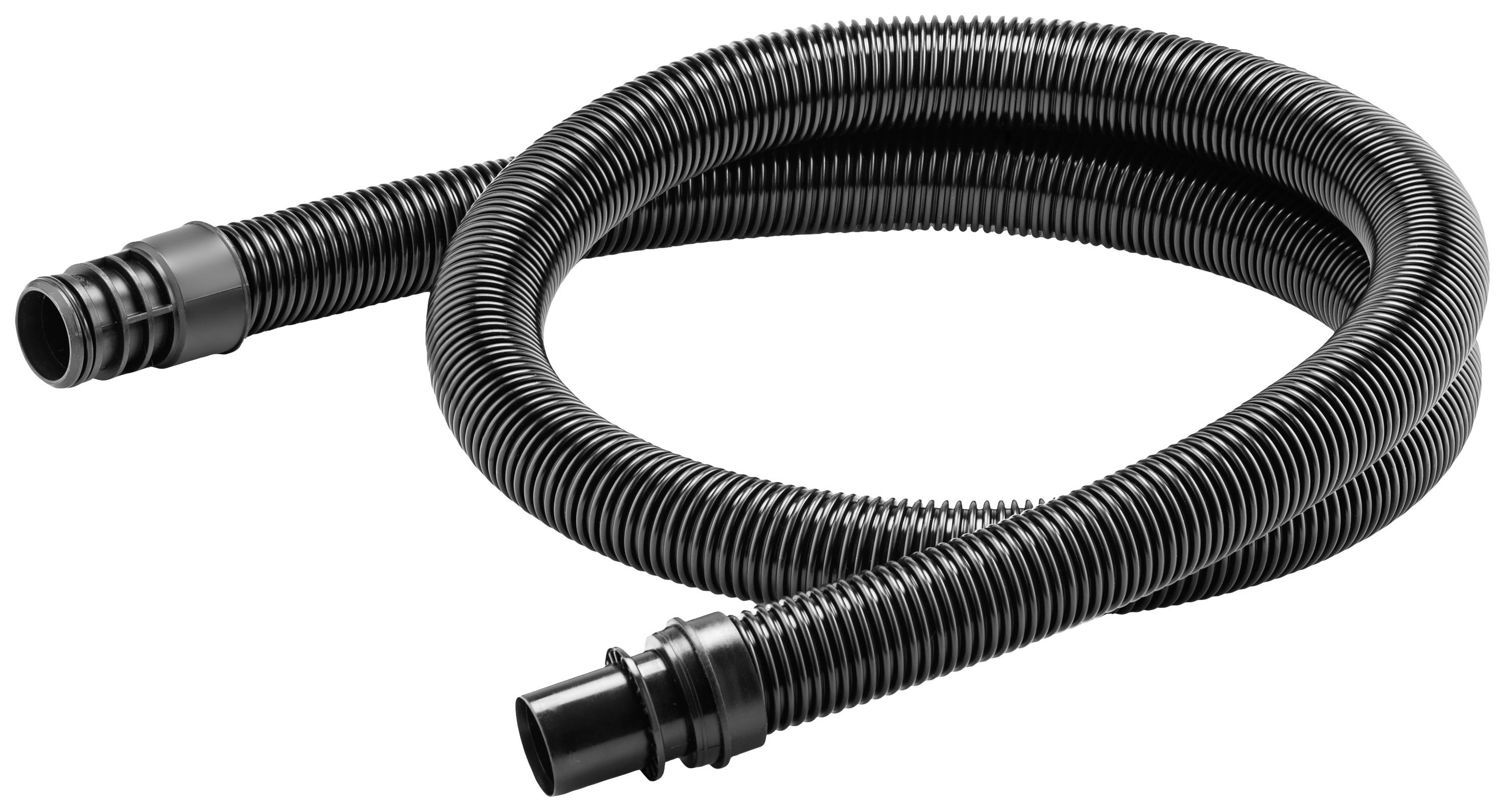 Un tuyau ondulé noir et flexible, courbé, avec des raccords lisses à chaque extrémité.