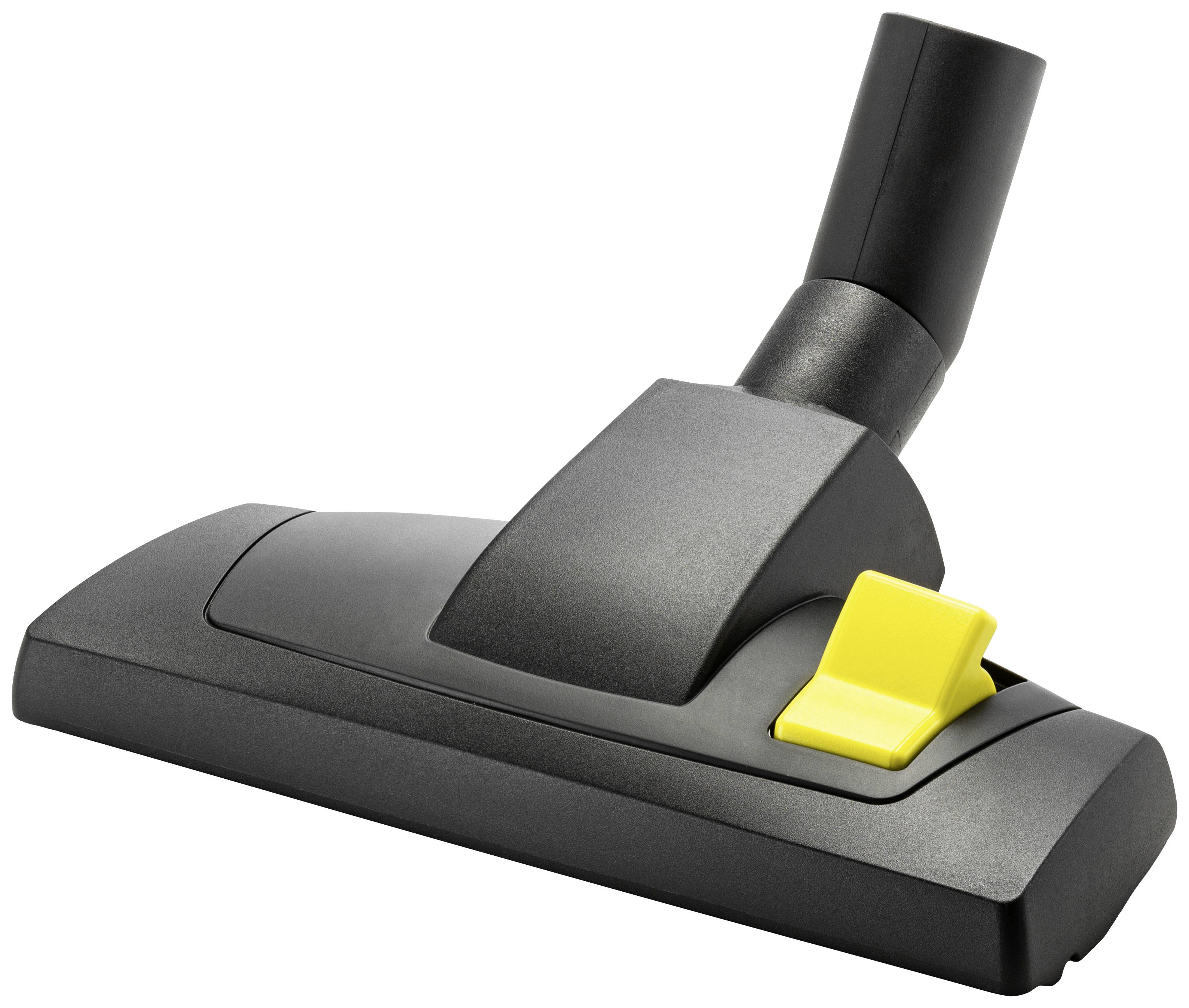 Un embout d'aspirateur avec interrupteur jaune, adapté aux moquettes et aux sols durs, noir, avec raccord de tube réglable.