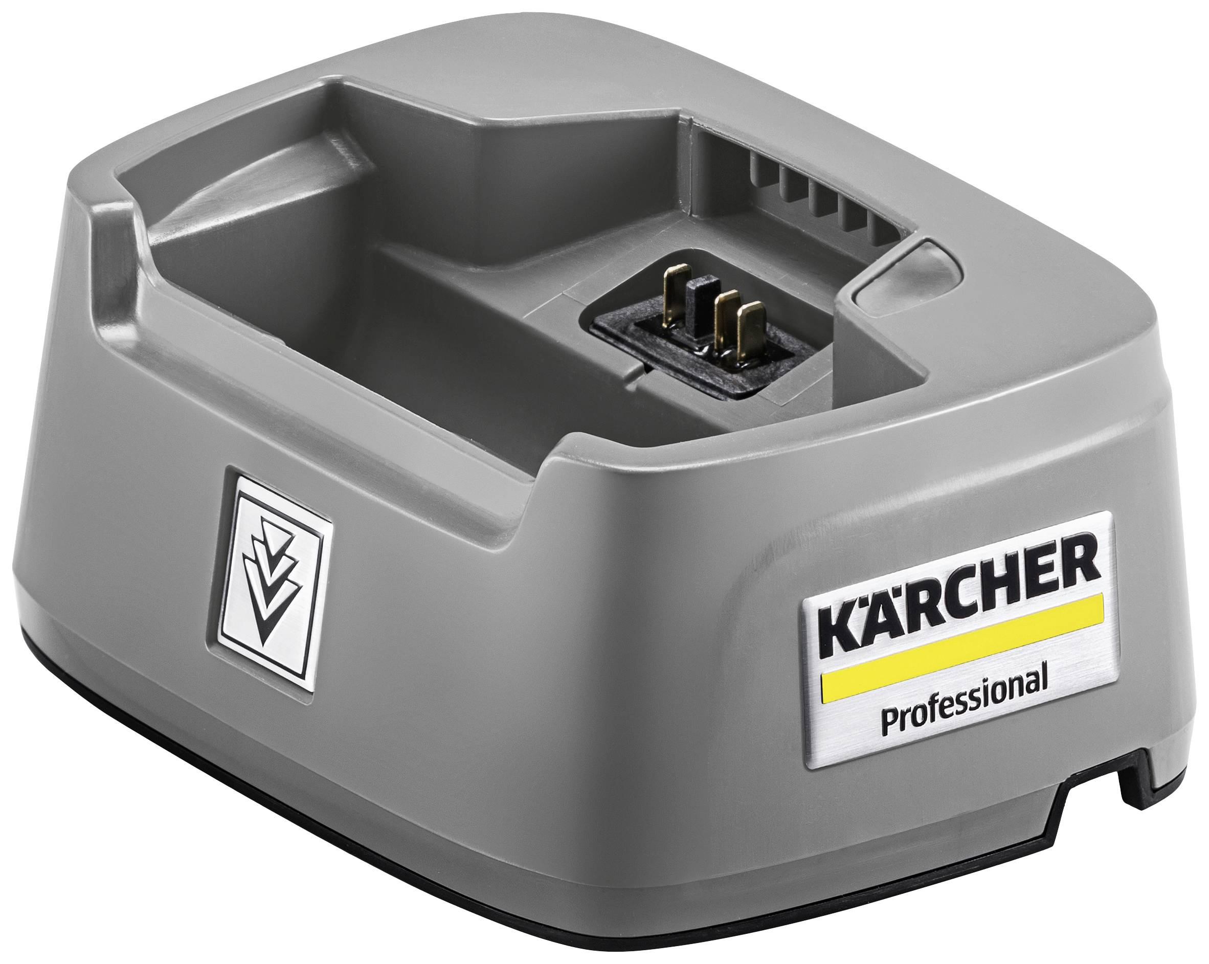Chargeur de batterie en gris avec le logo 'Kärcher Professional', conçu pour charger des batteries spécialisées d'appareils de nettoyage.