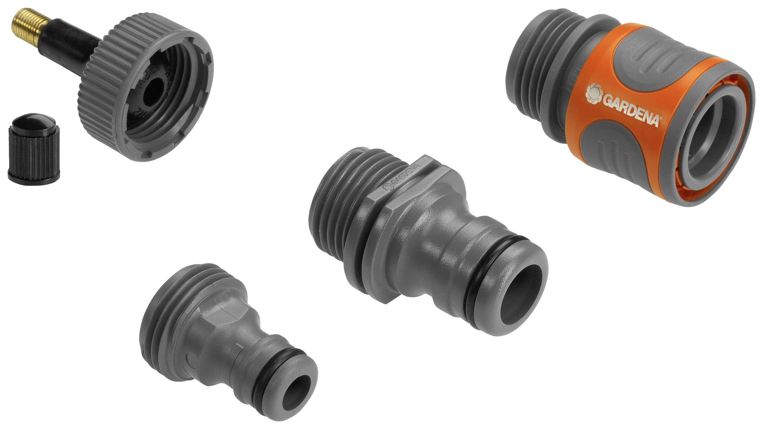 Différents connecteurs de tuyau d'arrosage Gardena en gris et orange, comprenant des raccords et des adaptateurs pour différentes possibilités de connexion.