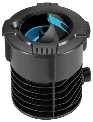 Sortie en plastique noir avec rotor bleu intégré, raccordement latéral ; élément d'un système de ventilation ou de distribution d'eau.