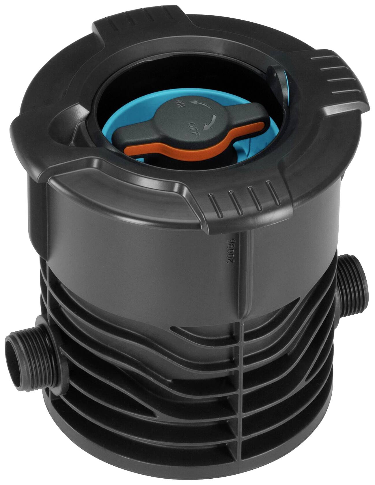 Un boîtier cylindrique noir en plastique avec une valve bleue et orange en haut, utilisant deux connexions latérales.