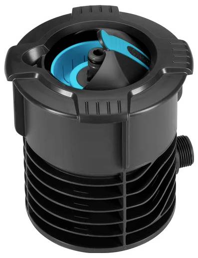 Un capteur de pluie automatique en noir et bleu, intégré dans un boîtier rond, pour le contrôle des systèmes d'irrigation.