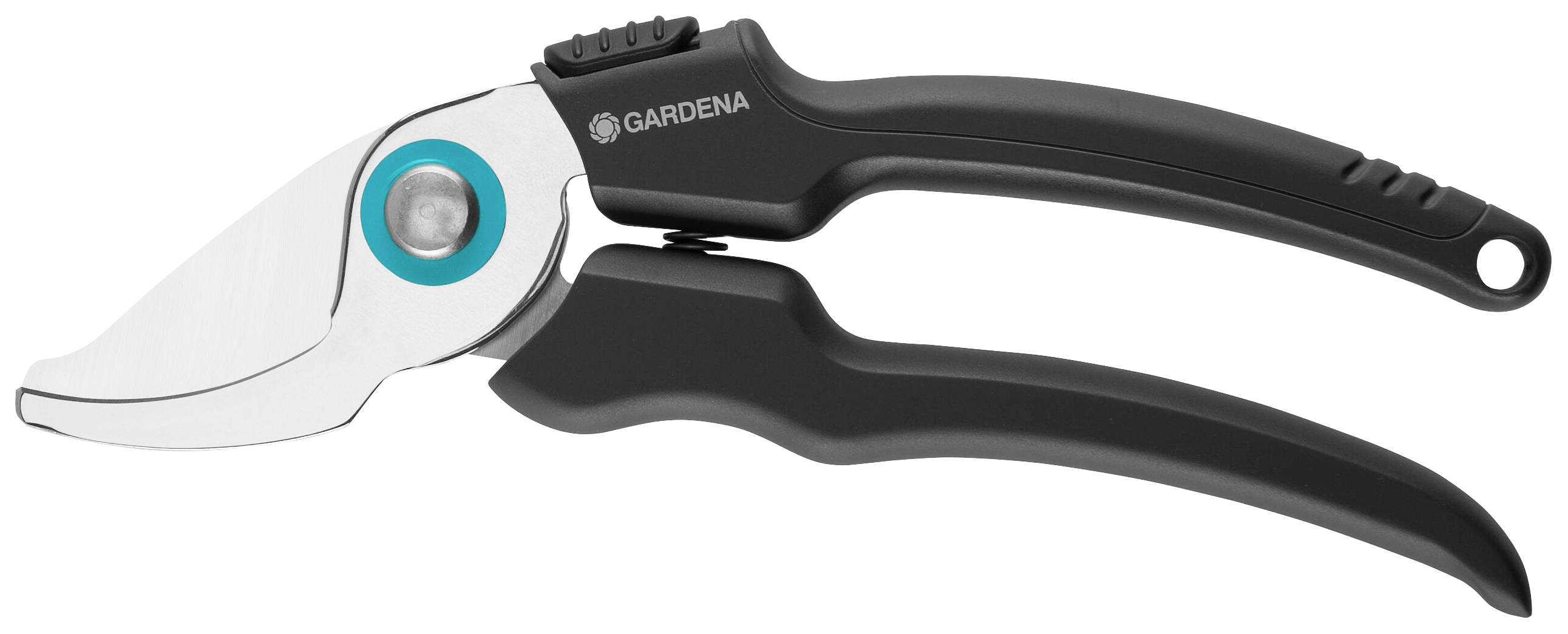 Un sécateur noir et argent de Gardena avec une poignée ergonomique, adapté pour couper des branches et des fleurs.