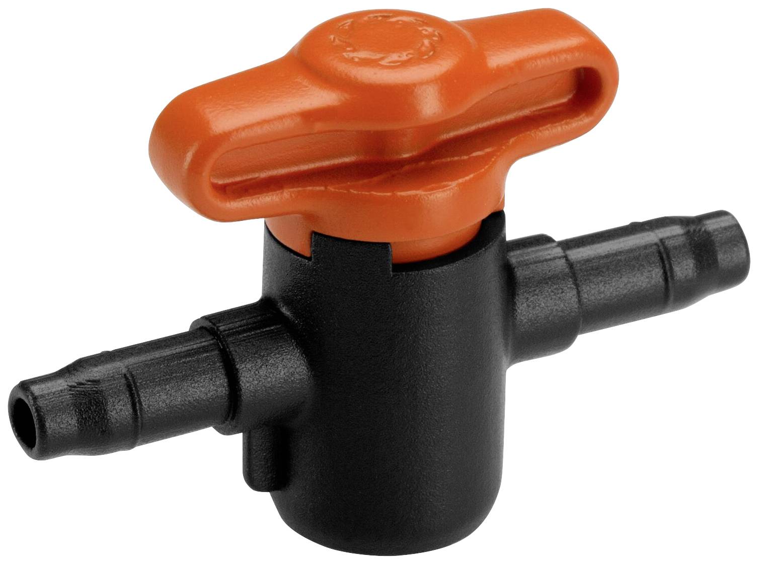 Vanne de tuyau en plastique noir avec poignée tournante orange, adaptée pour le contrôle du débit de liquide dans les systèmes d'irrigation.