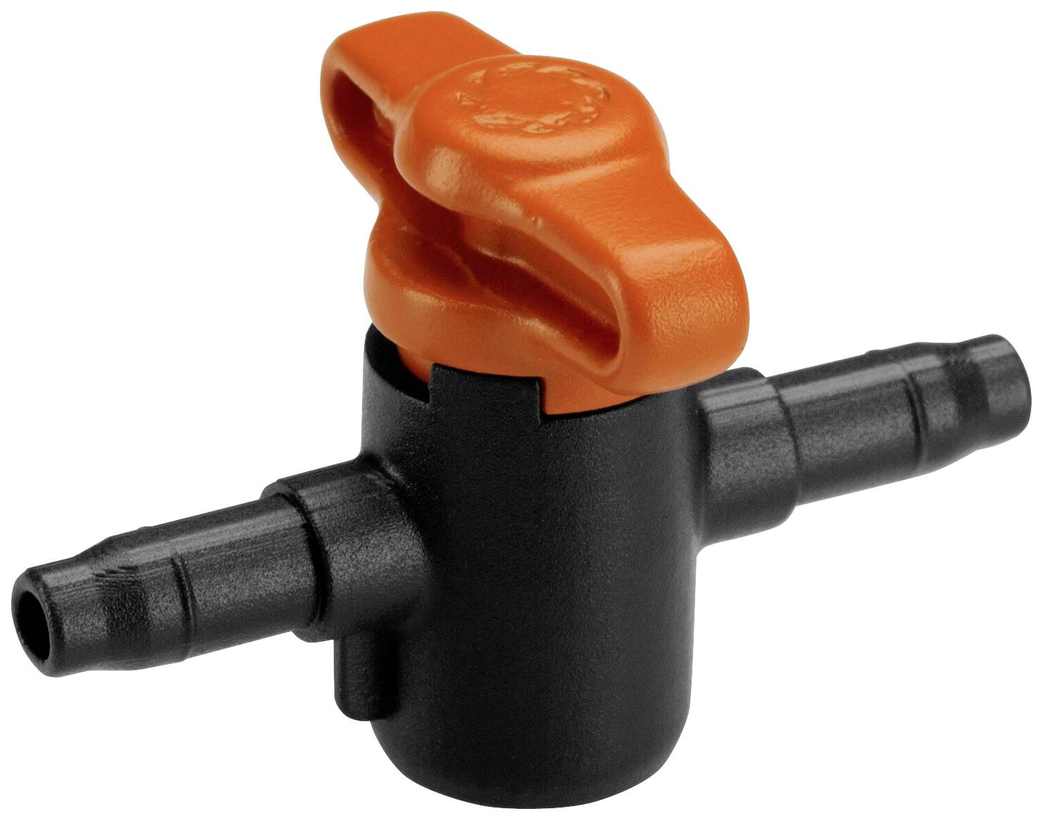 Un tuyau en plastique noir avec un bouchon rotatif orange au milieu. Ce bouchon permet de bloquer l'écoulement de l'eau.