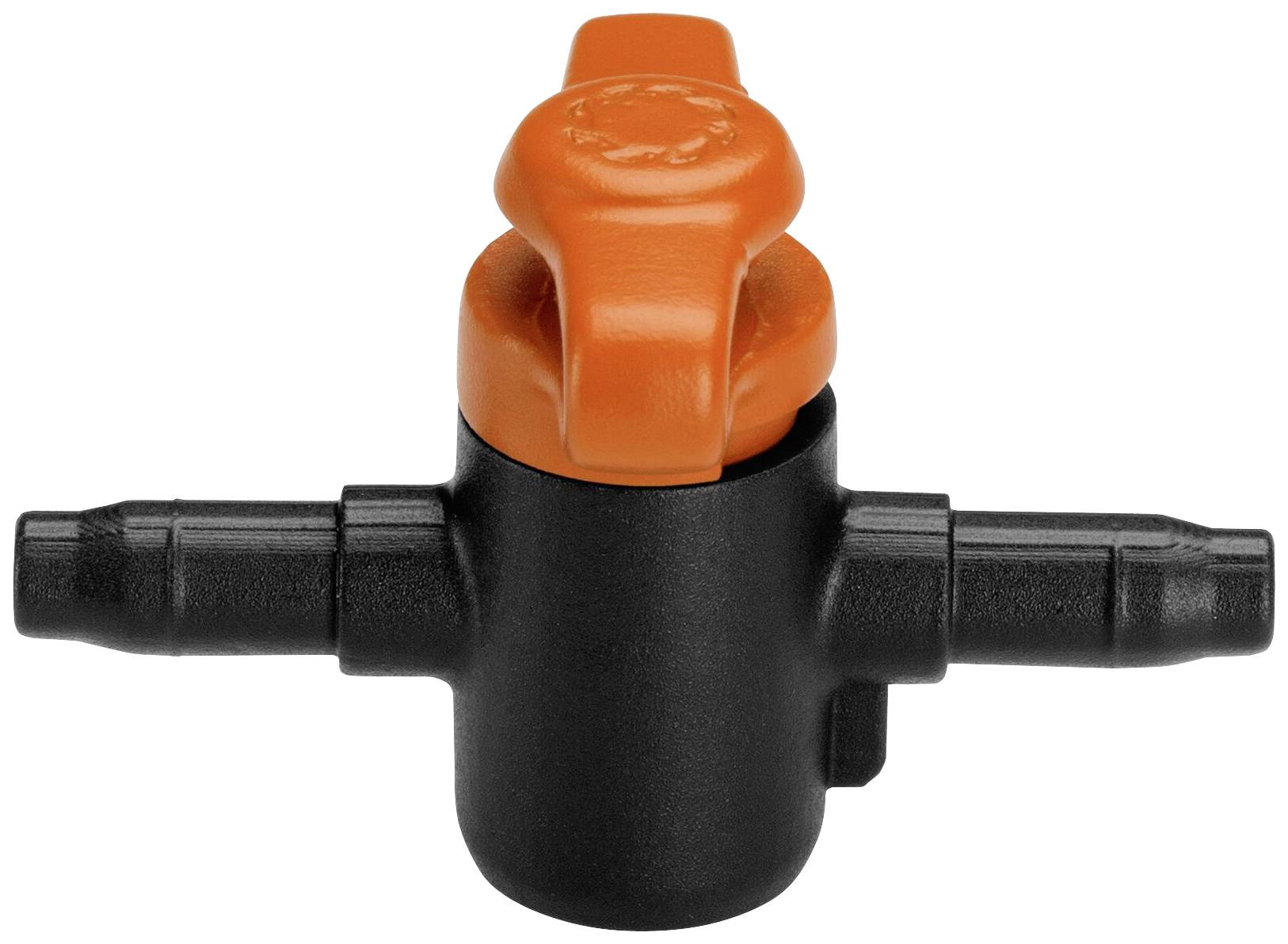 Vanne d'obturation en plastique noir avec poignée de rotation orange au centre, adaptée pour connecter deux tuyaux.
