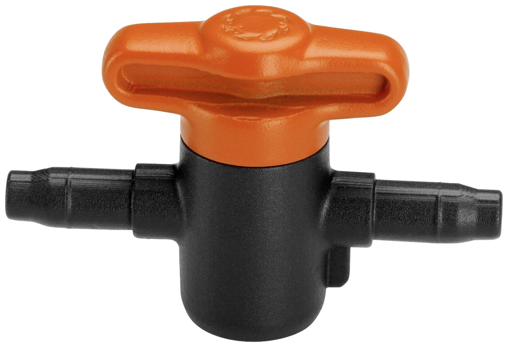 Un robinet en plastique noir avec une poignée orange pour les conduites d'eau, illustrant la fonction d'ouverture et de fermeture du flux d'eau.