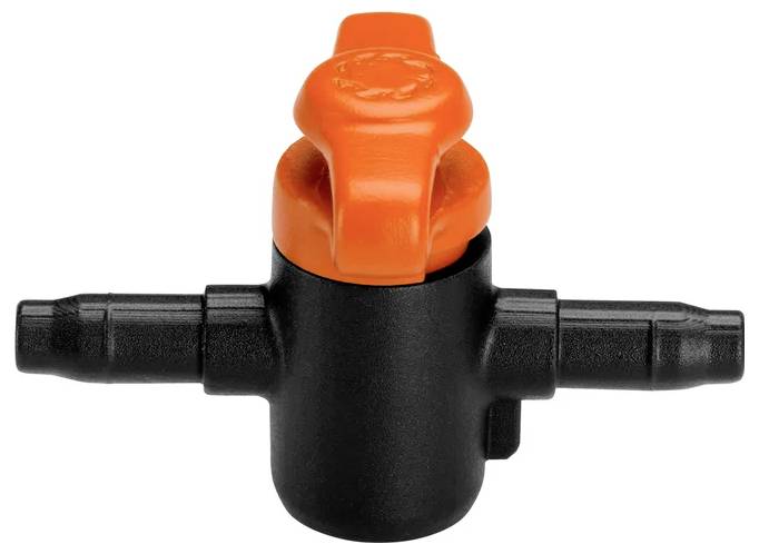 Une vanne en ligne noire avec une poignée orange, utilisée pour contrôler le débit du fluide, dotée de raccords cannelés à chaque extrémité.
