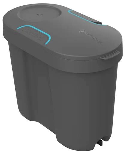 Poubelle grise avec des poignées et un mécanisme à pédale mis en évidence en bleu, adaptée au tri sélectif à l'intérieur.