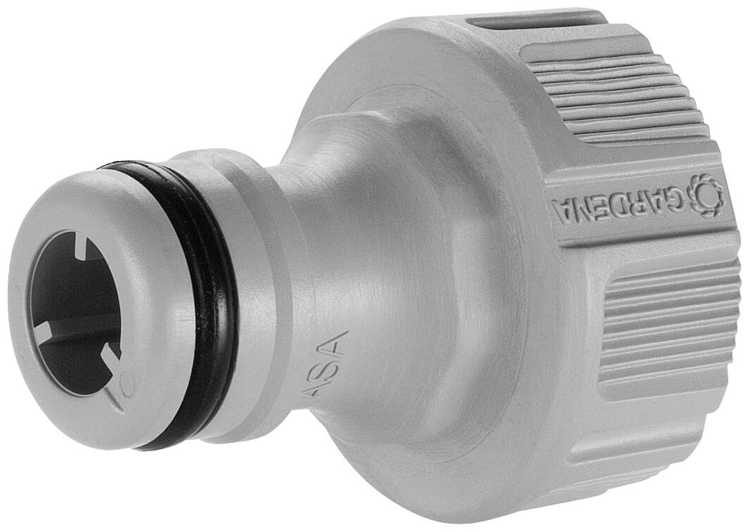 Adaptateur en plastique gris avec bague de serrage antidérapante et joint d'étanchéité, utilisé pour raccorder des tuyaux et des raccords.