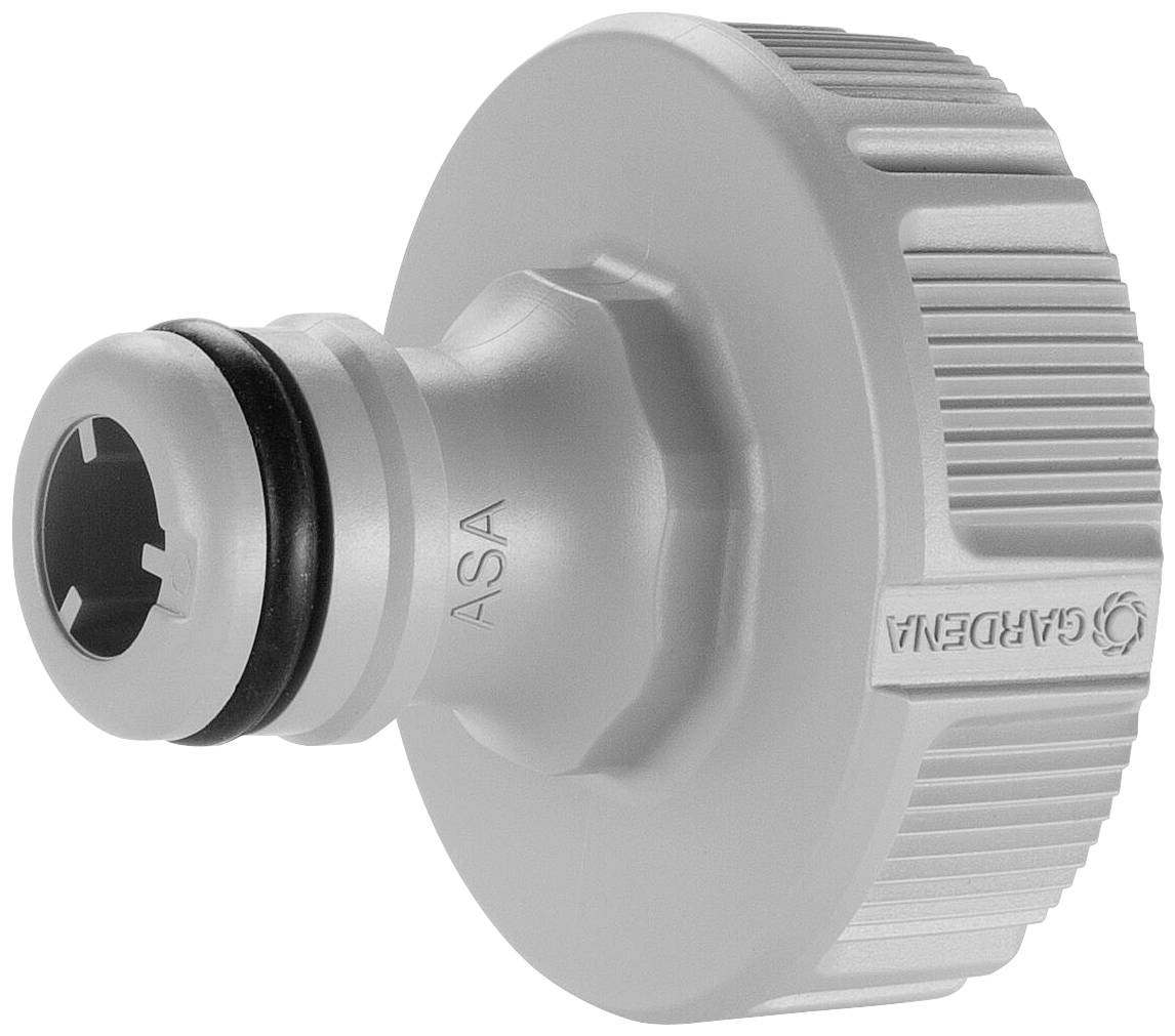 Adaptateur de tuyau de jardin en plastique portant les inscriptions 'GARDENA' et 'ASA', destiné à raccorder des tuyaux aux robinets de jardin.