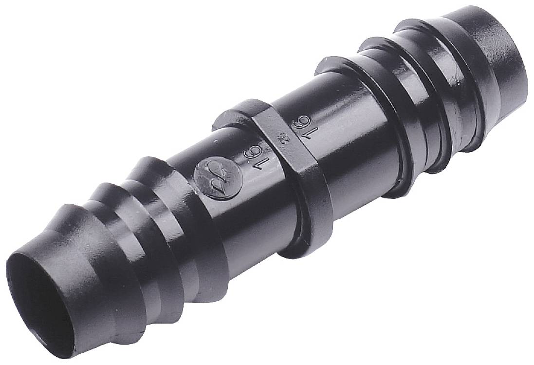 Connecteur de tuyau noir à surface rainurée, adapté pour le raccordement de tuyaux dans les systèmes d'irrigation.