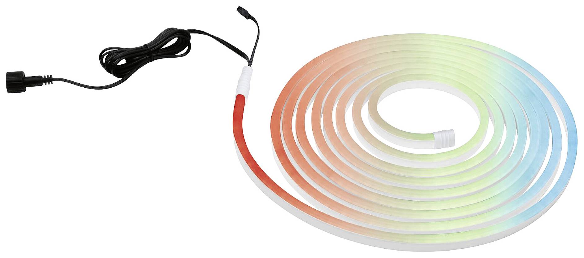 Barre lumineuse LED colorée, déroulée en spirale, avec des sections rouges, vertes et bleues. Un câble noir est connecté sur la droite.