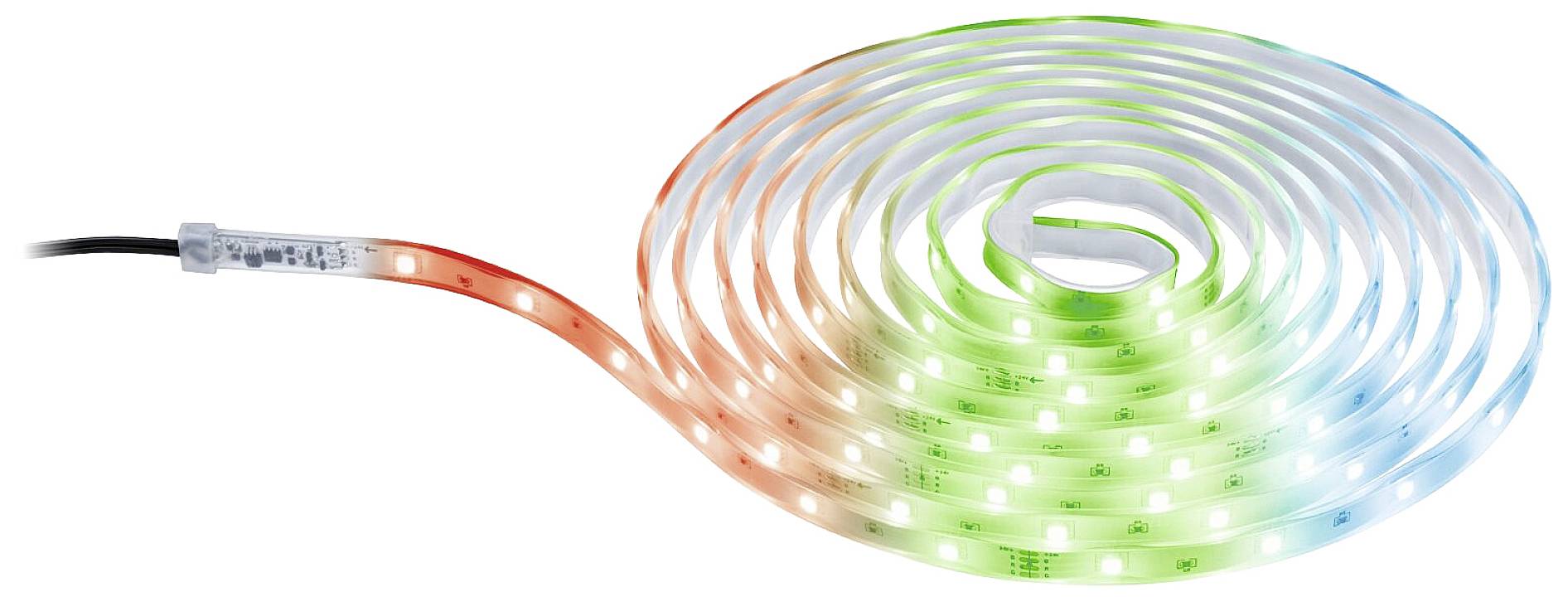 Une bande lumineuse LED enroulée en spirale. Des parties s'illuminent en rouge, vert et bleu. Câble connecté en haut à gauche.