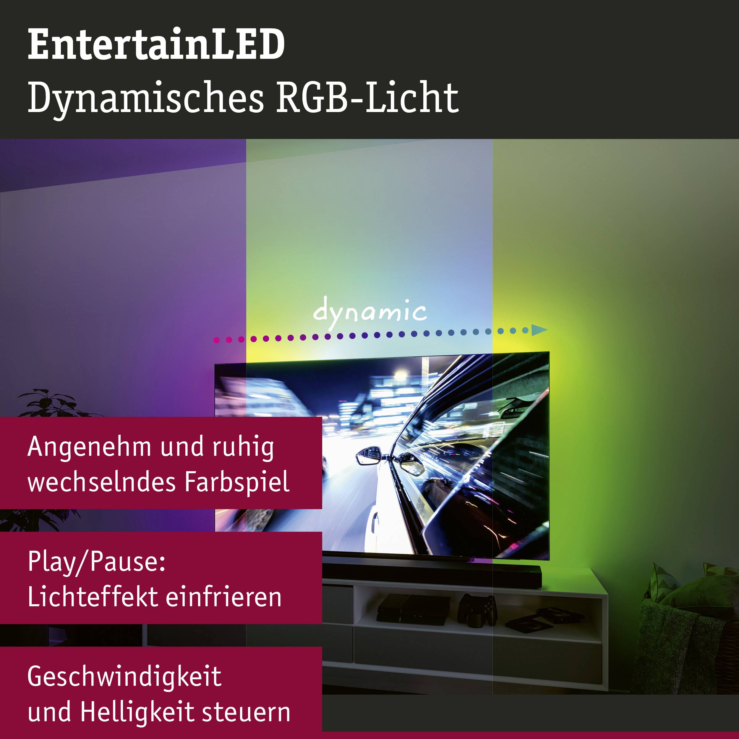 Lumière RVB dynamique illuminant le mur du salon, montrant une voiture en mouvement sur la télévision, avec des options de jeu de couleurs et de vitesse.