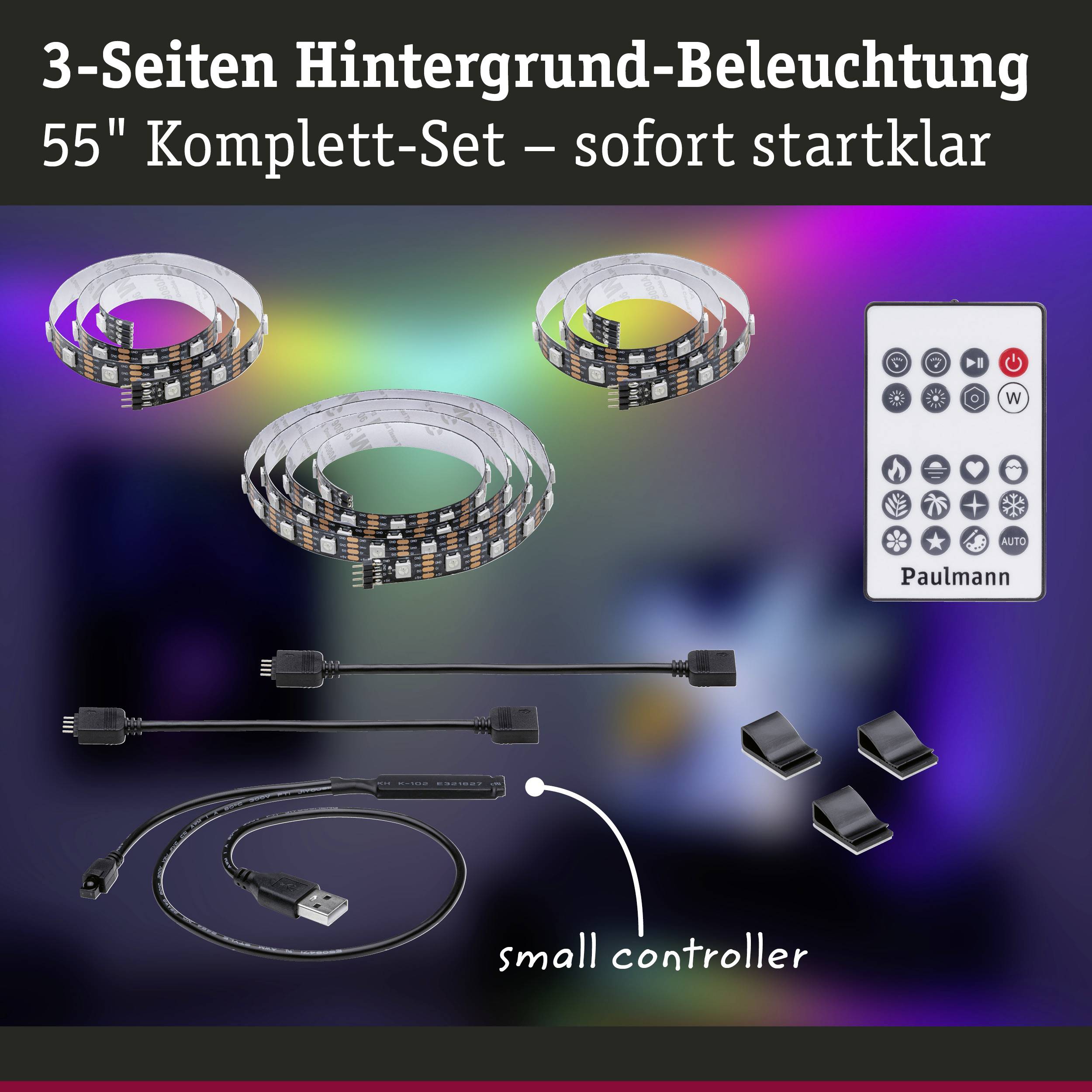 Kit de rétroéclairage LED à 3 côtés pour téléviseurs de 55 pouces. Comprend trois bandes LED, une télécommande, des câbles et un contrôleur. Prêt à être utilisé immédiatement.