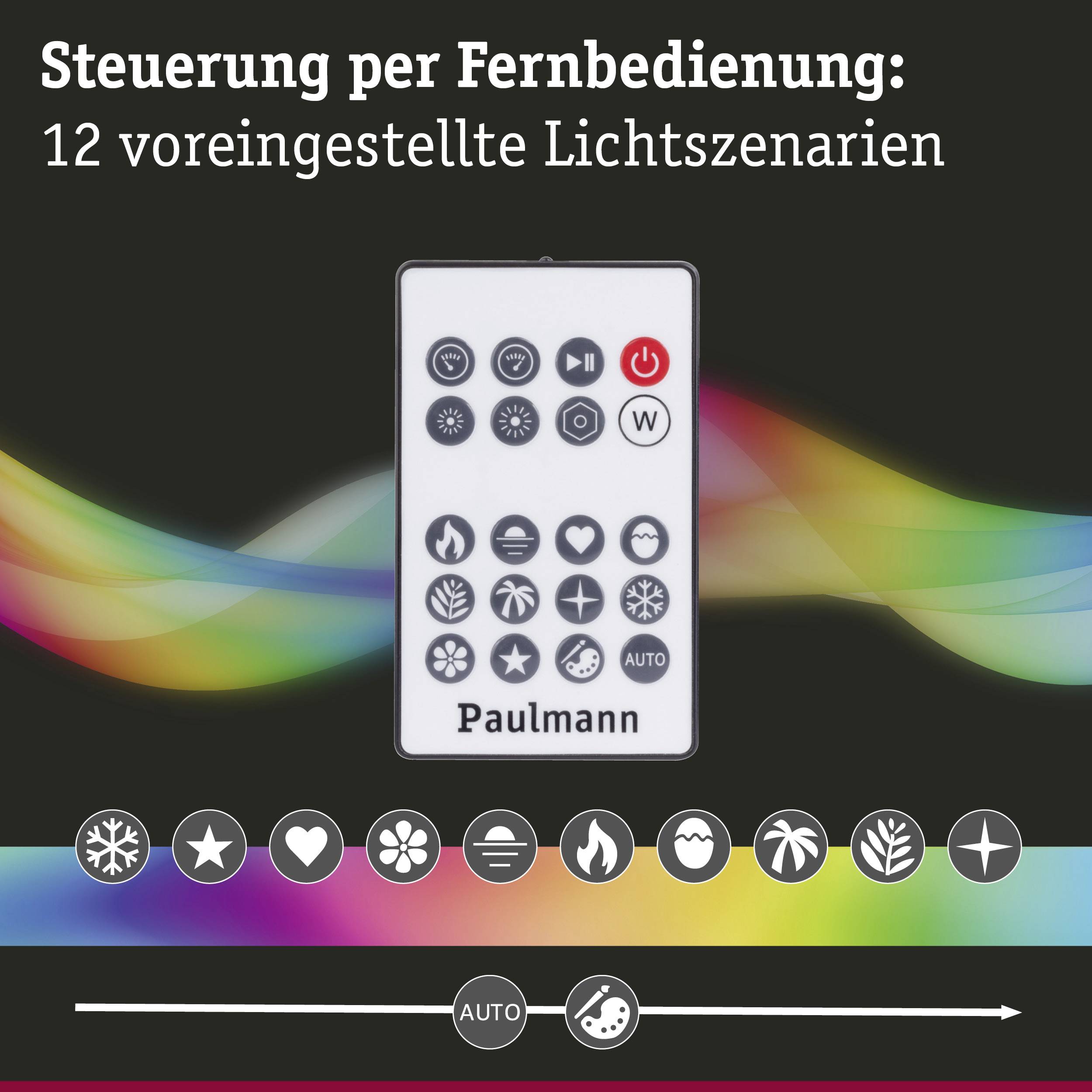 Télécommande pour contrôler 12 scénarios d'éclairage prédéfinis, comprenant des couleurs et des effets, de Paulmann.