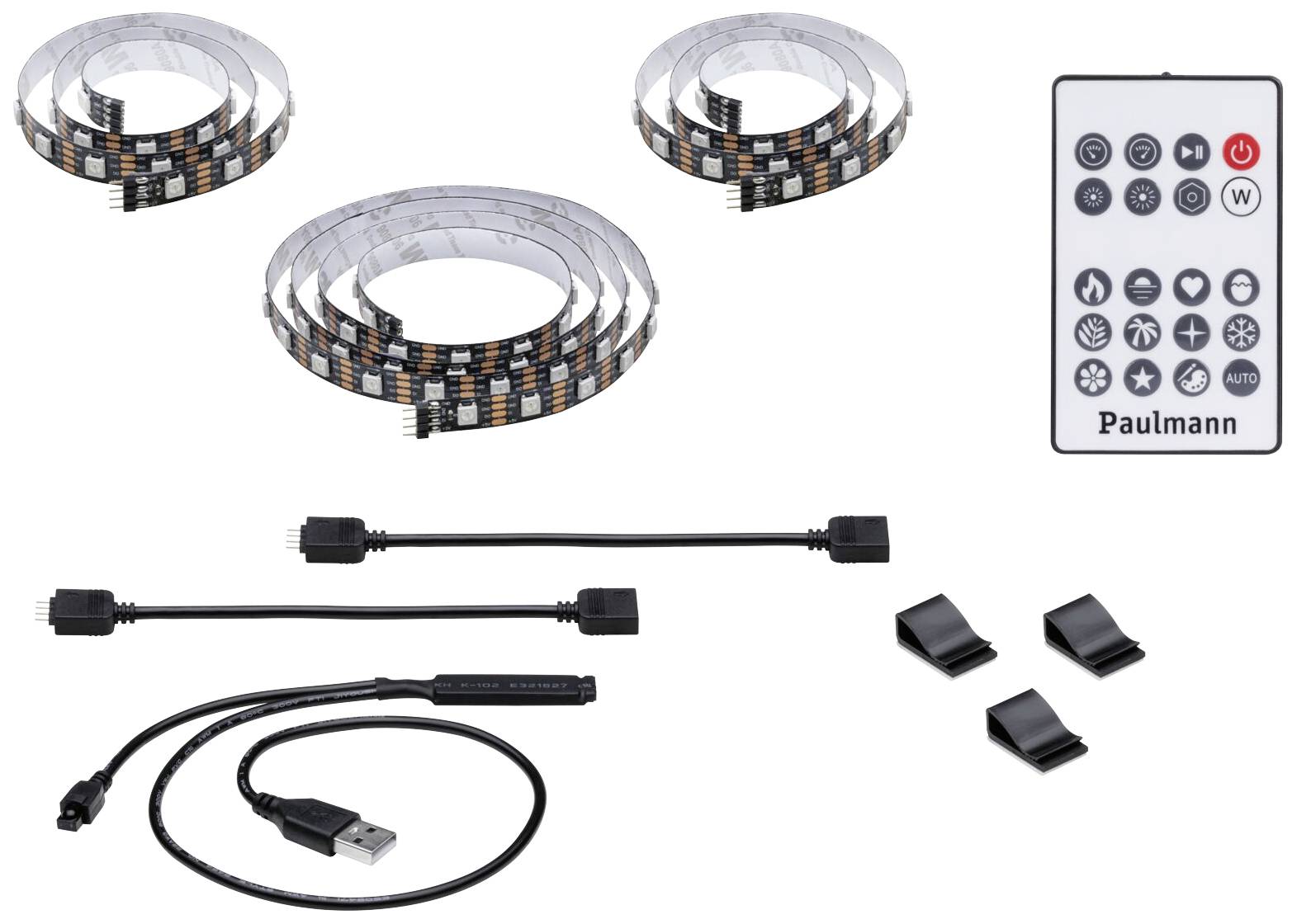 Kit de bande LED avec télécommande, câbles, clips. Trois bandes lumineuses flexibles, télécommande pour le contrôle, installation facile.