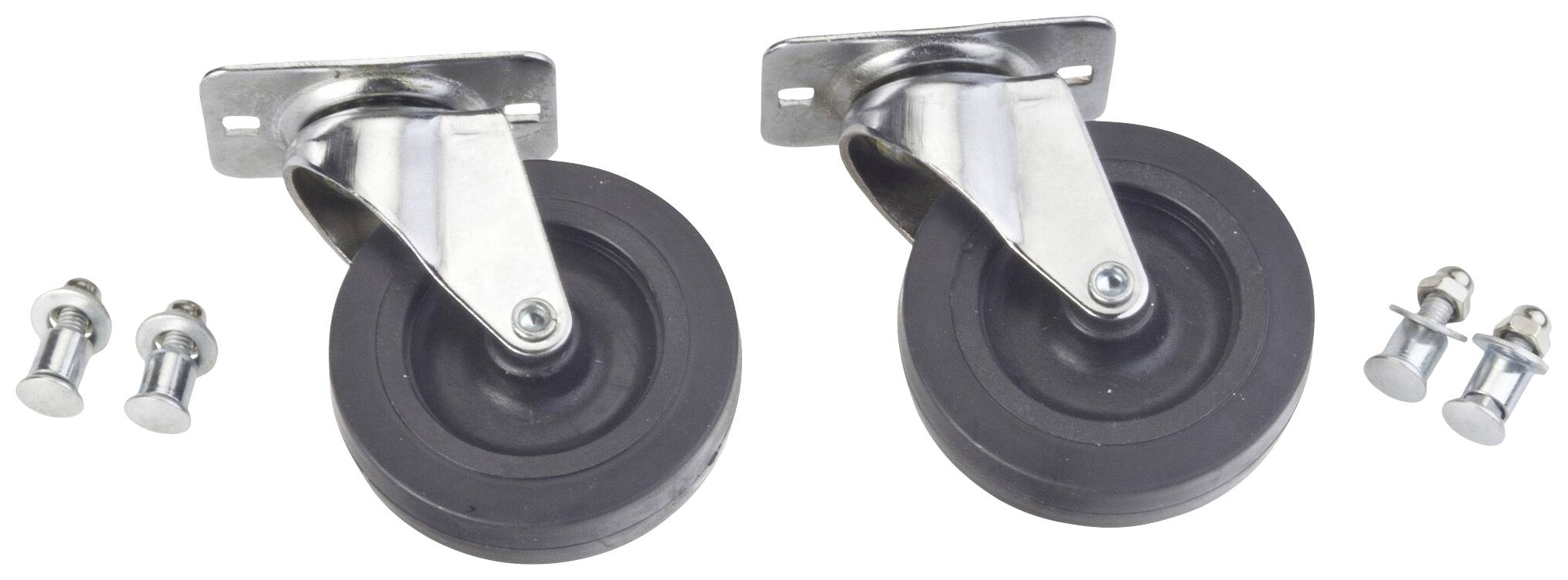 Deux roulettes pivotantes noires avec supports métalliques et vis de fixation, disposées côte à côte.