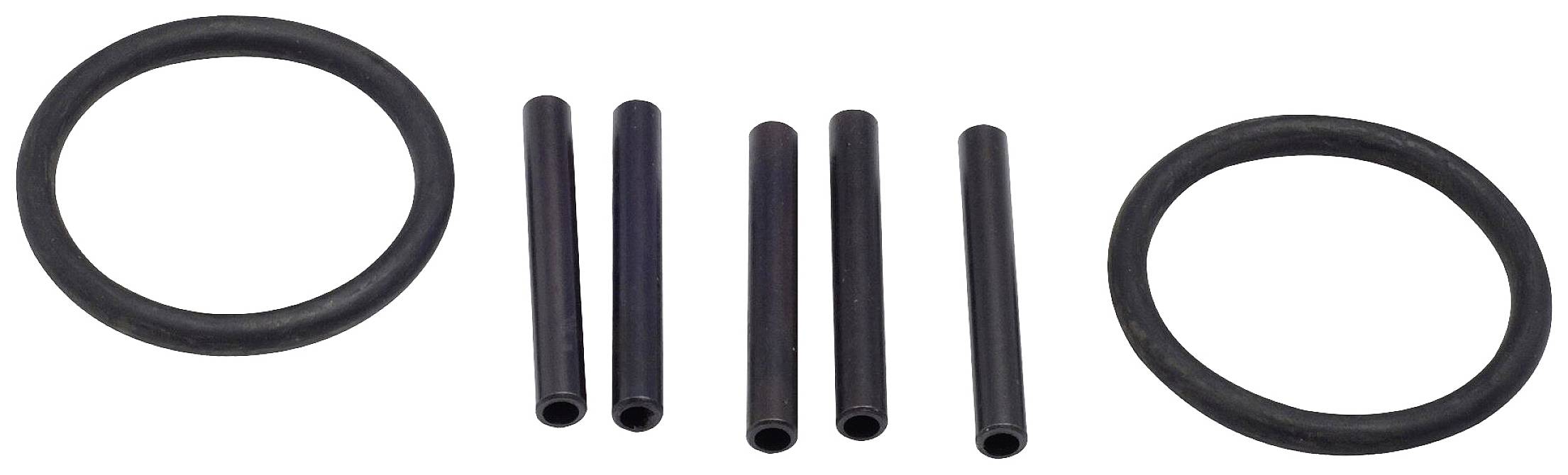 Deux joints toriques noirs et cinq petits tubes noirs, disposés sur un fond blanc.