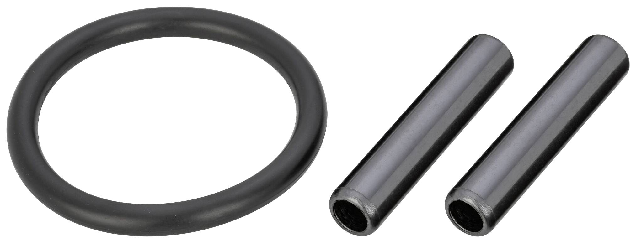 Un joint torique et deux goupilles cylindriques métalliques sur un fond blanc, probablement destinés à des applications mécaniques.