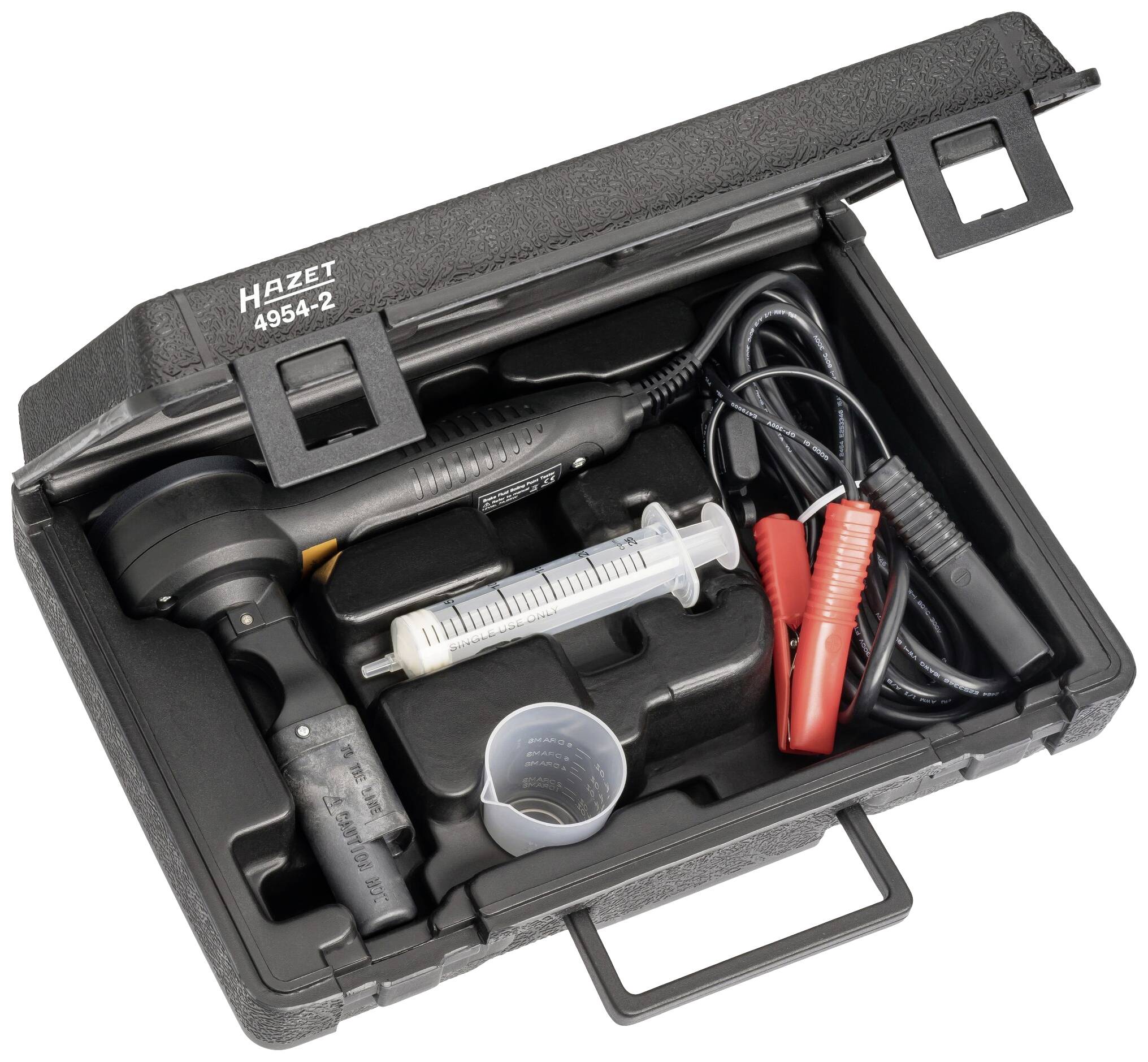 Coffret à outils comprenant un testeur de liquide de frein, une seringue, un récipient doseur et des câbles, adapté à l'entretien des véhicules et aux tests de liquide de frein.