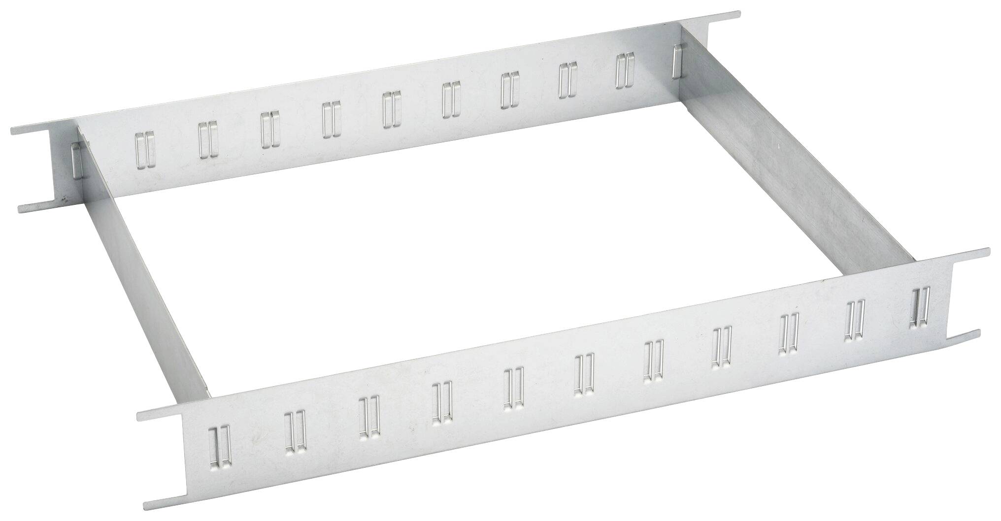 Cadre en métal de forme rectangulaire, à profil plat et avec des supports latéraux. Adapté pour le montage ou la fixation dans des constructions.
