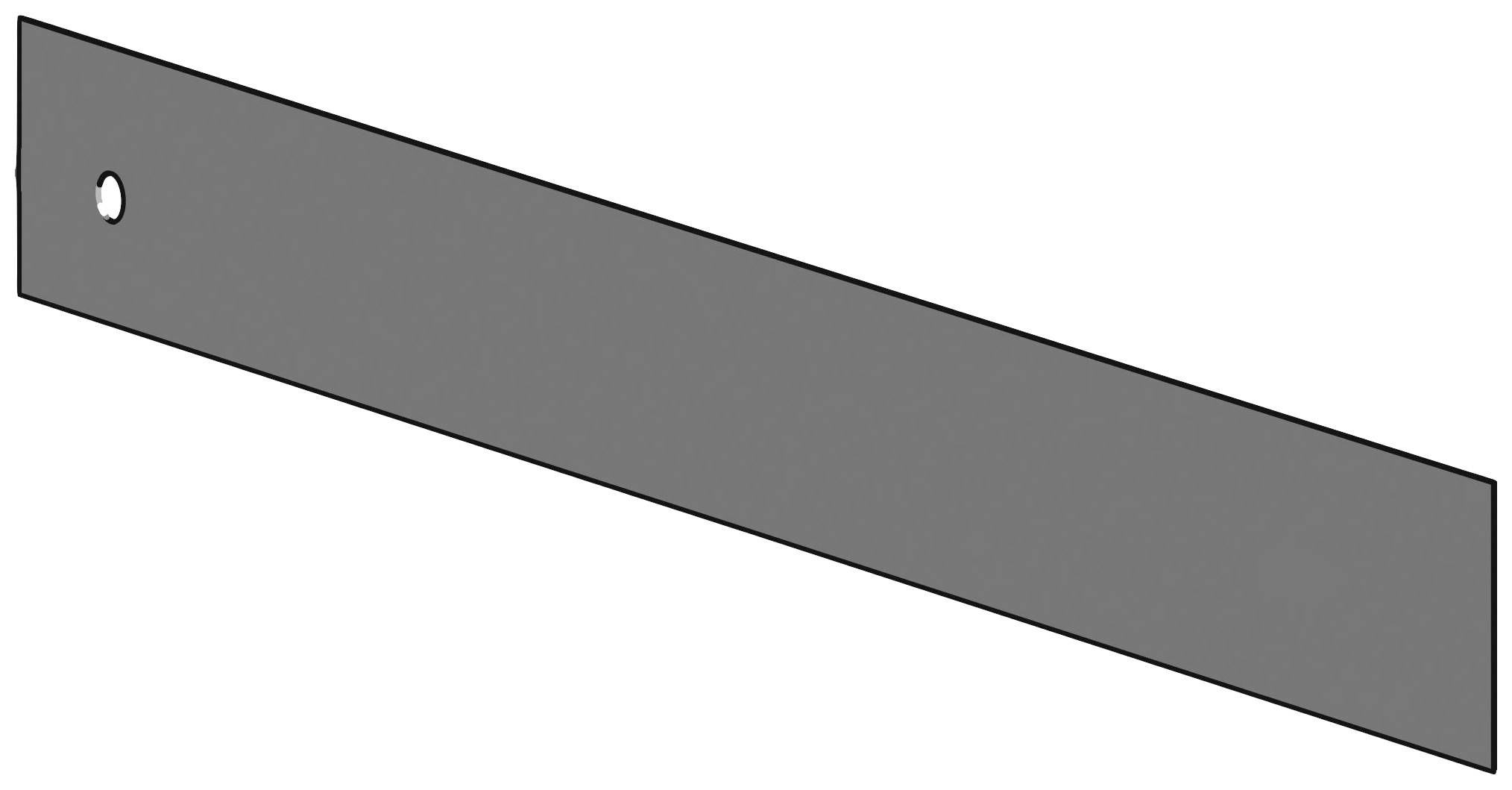 Règle en métal gris, rectangulaire, avec un trou de suspension circulaire sur le côté gauche.