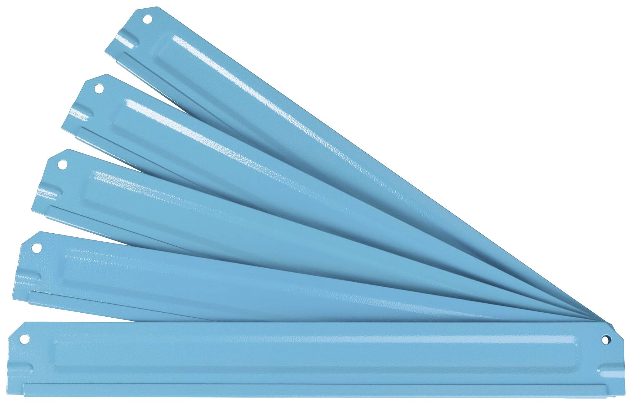 Cinq entretoises bleus disposés en éventail, reposant sur un fond blanc. Ils sont empilables en tant qu'éléments de protection.