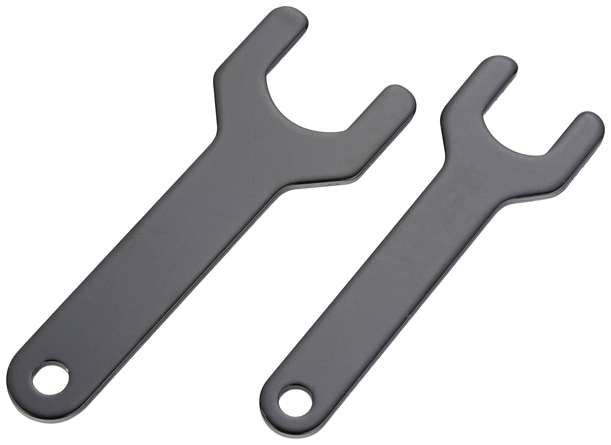 Deux clés à molette noires avec des extrémités ouvertes de différentes tailles, posées côte à côte.