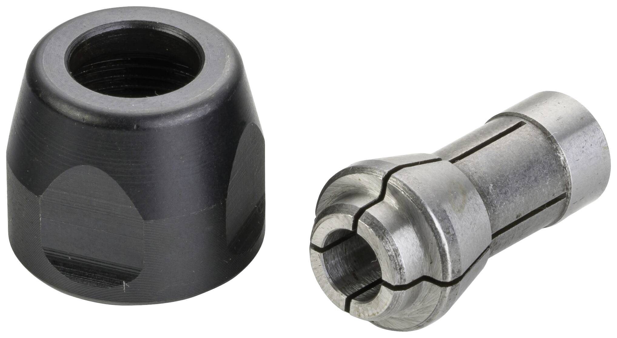 Deux pièces métalliques : à gauche, un écrou de serrage noir, à droite, un mandrin de serrage argenté. Ils sont utilisés pour la fixation des outils.