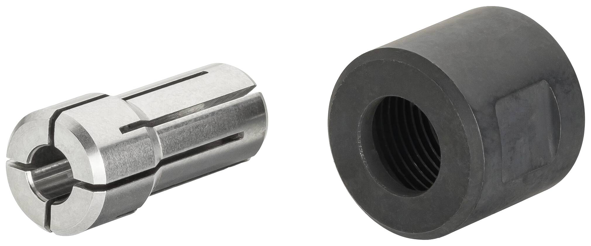 Deux pièces métalliques : à gauche, une pince de serrage argentée avec une fente, à droite, un écrou cylindrique noir à filetage interne.
