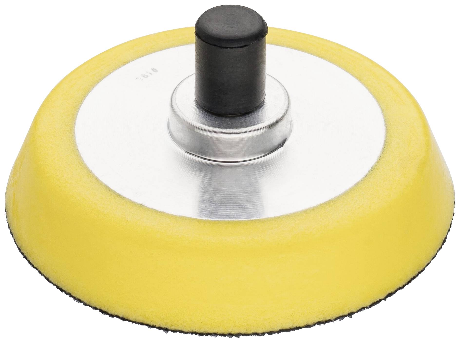 Un plateau de ponçage rond avec un bord jaune et une poignée noire au centre. Utilisé pour les travaux de ponçage avec des outils électriques.