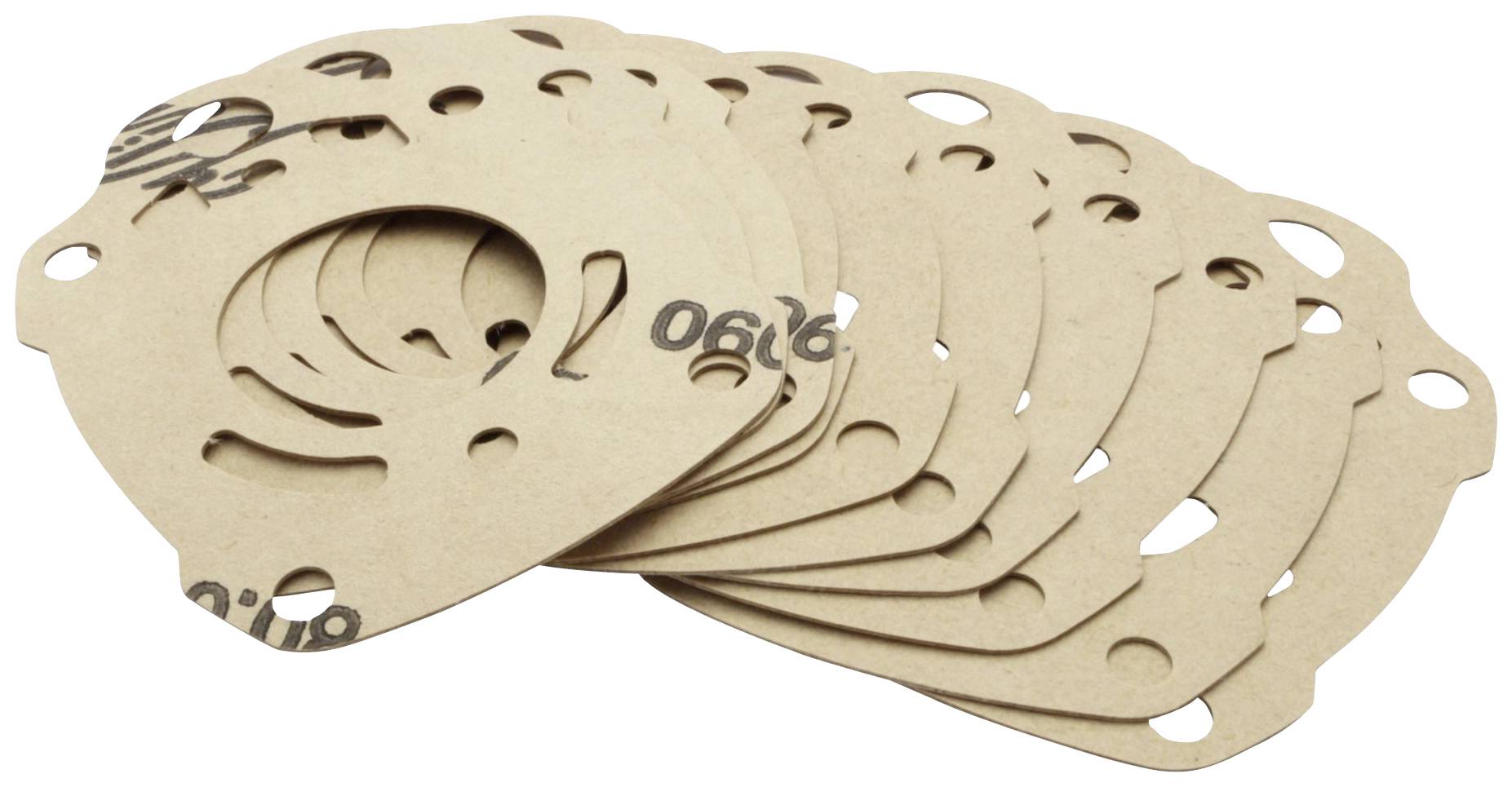 Plusieurs joints d'étanchéité empilés en matériau brun, disposés en forme de ventail. Adaptés pour les machines ou les moteurs.