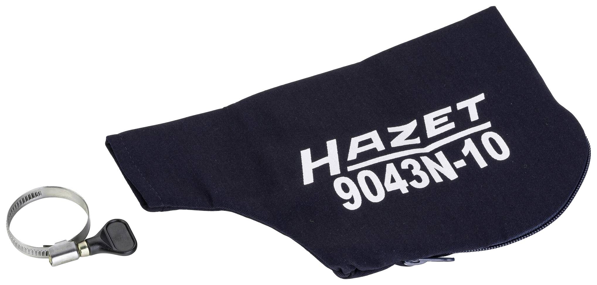 Une housse antipoussière bleu foncé portant l'inscription 'HAZET 9043N-10' et un collier de serrage avec vis à ailettes.