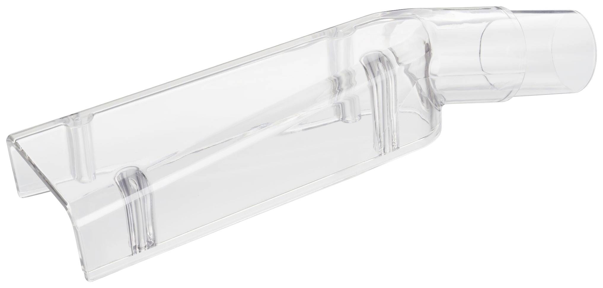 Embout transparent en plastique pour aspirateur, fin et incliné, adapté aux endroits difficiles d'accès.