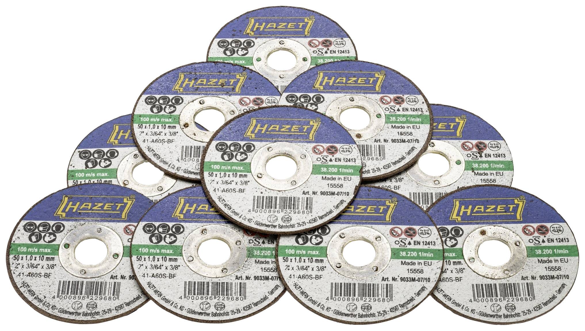Dix disques de séparation Hazet superposés, adaptés aux meuleuses d'angle de 150 mm, avec des indications sur la taille et l'application.