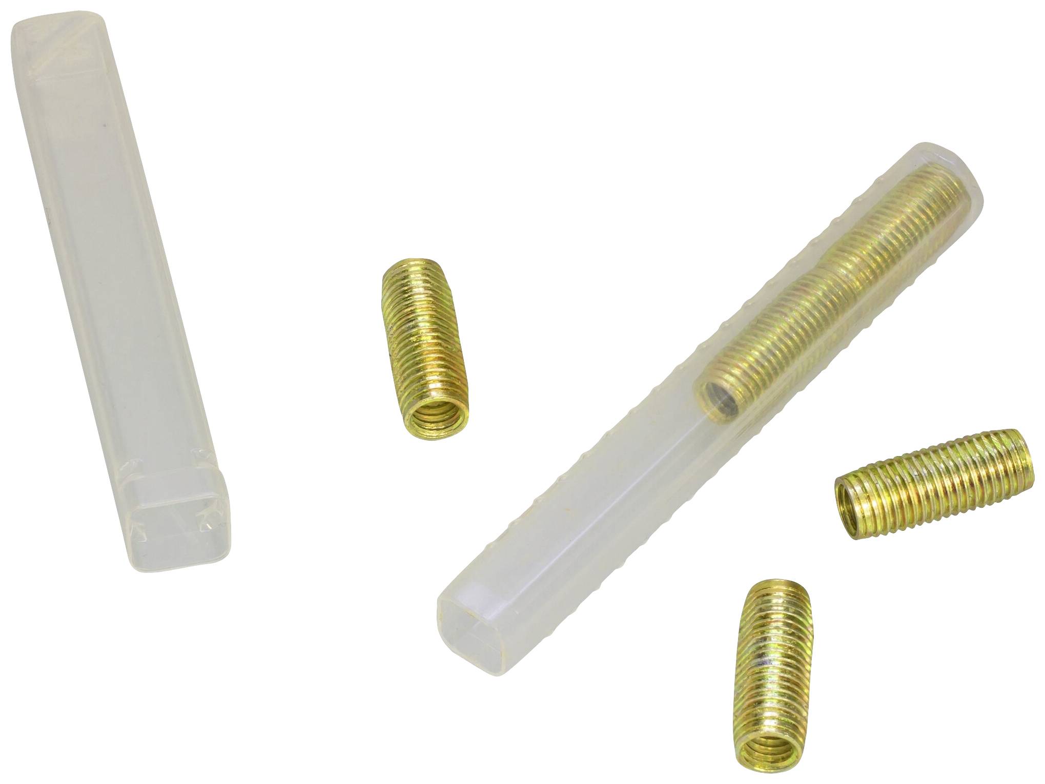 Boîtier en plastique avec quatre pièces cylindriques métalliques servant de pièces filetées.