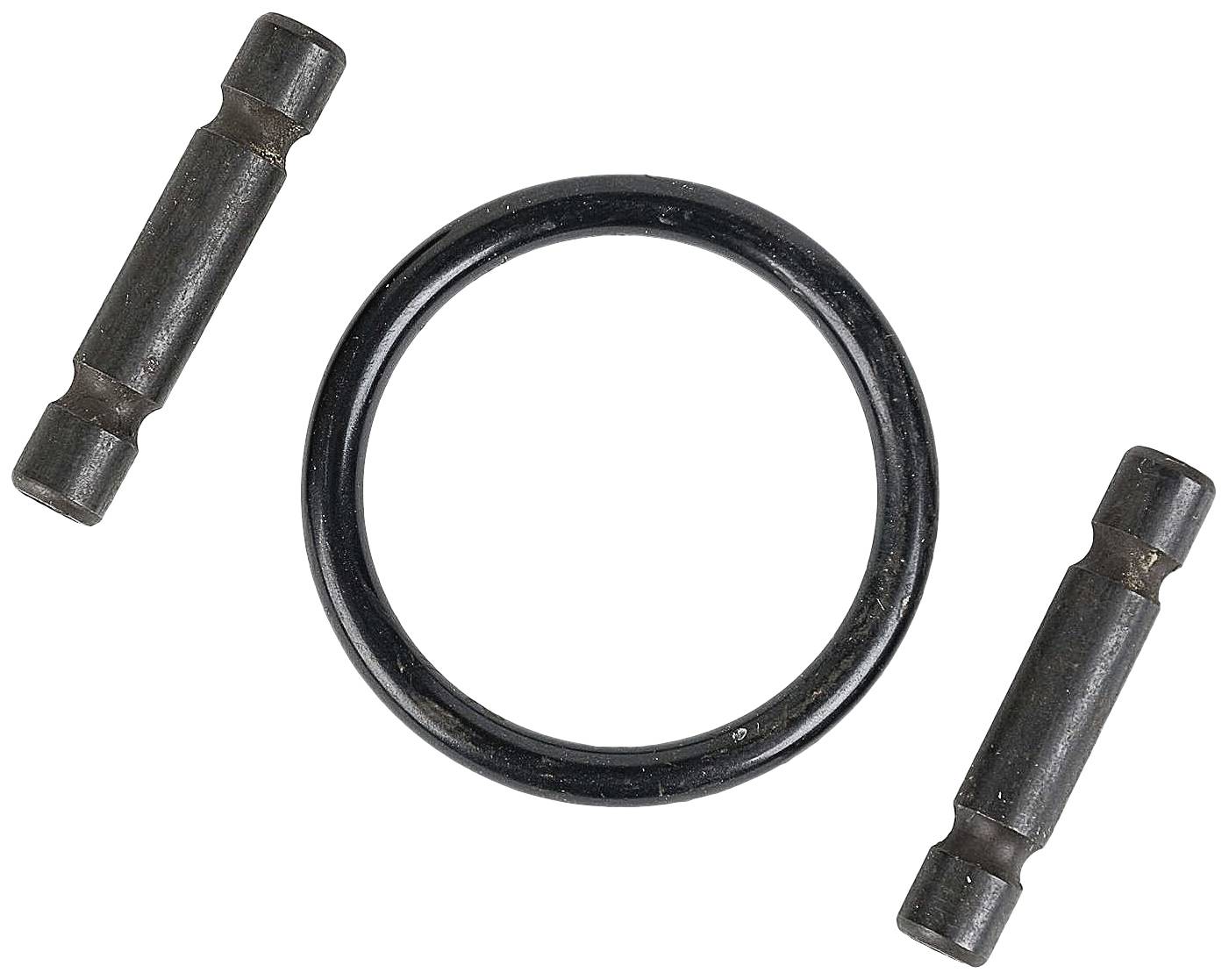 Trois pièces métalliques : un joint torique au centre, flanqué de deux tiges cylindriques métalliques.