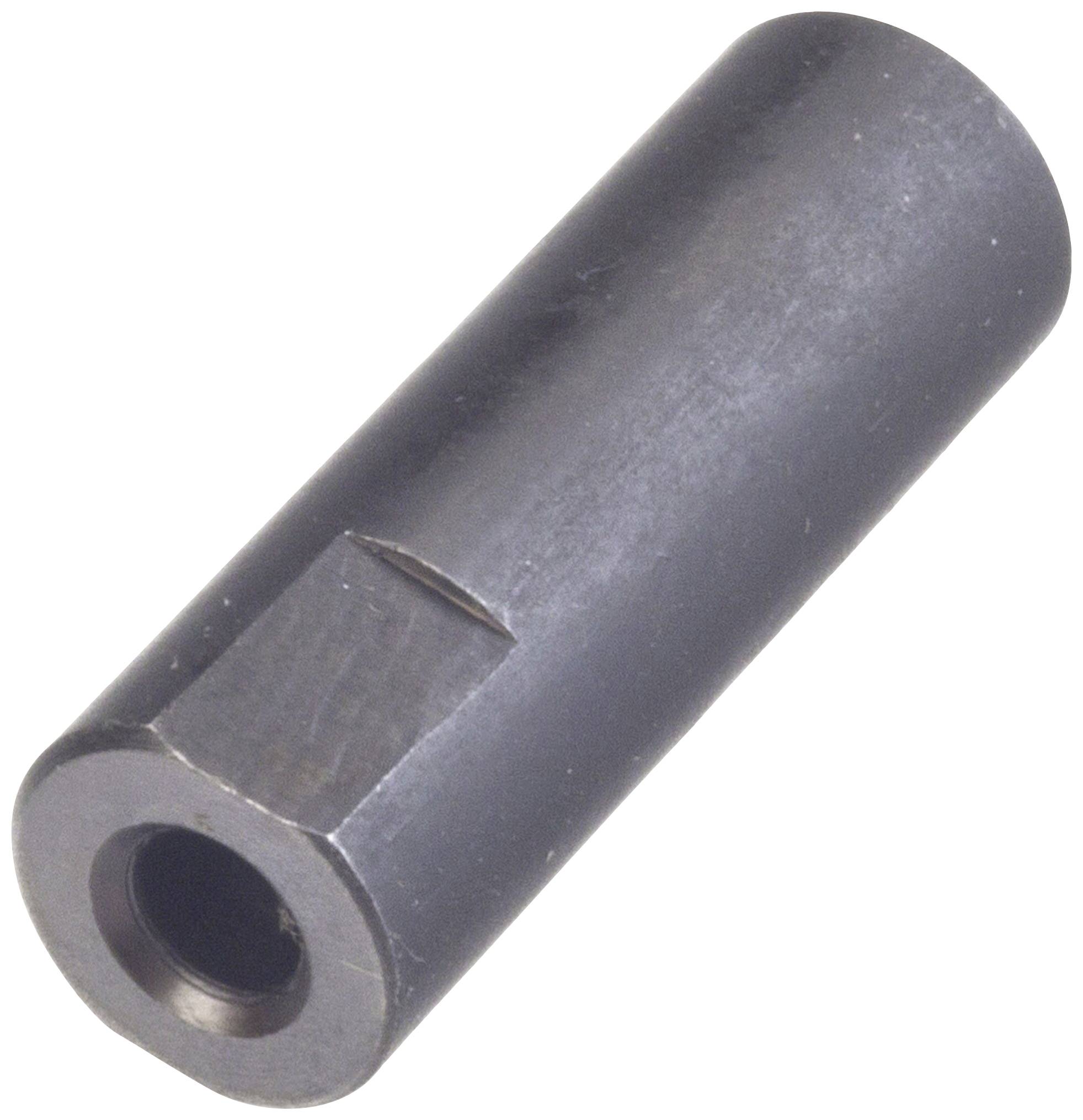 Ein zylindrisches Metallteil mit einem Außensechskant, möglicherweise eine Schraubenmutter oder eine Befestigungskomponente.