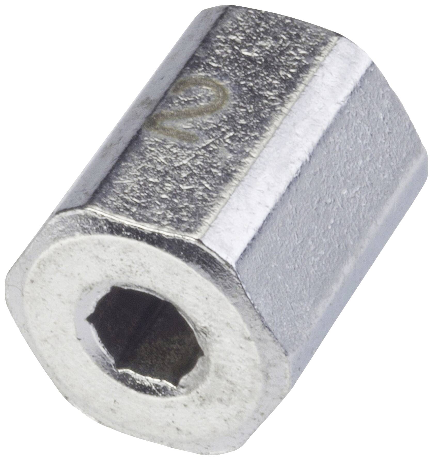 Sechskant-Schraubenkopf aus Metall mit Innensechskant, hauptsächlich zum Anziehen oder Lösen von Schrauben.