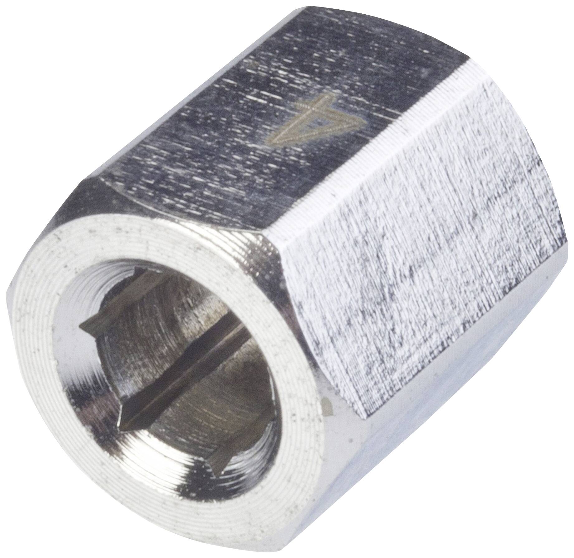 Eine silberne, facettierte Metallmutter mit hexagonalem Querschnitt. Nutzen: technische Verbindungselemente.