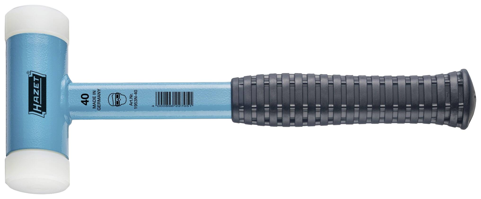 Un marteau Hazet bleu avec un manche noir et des embouts blancs en plastique est posé horizontalement.