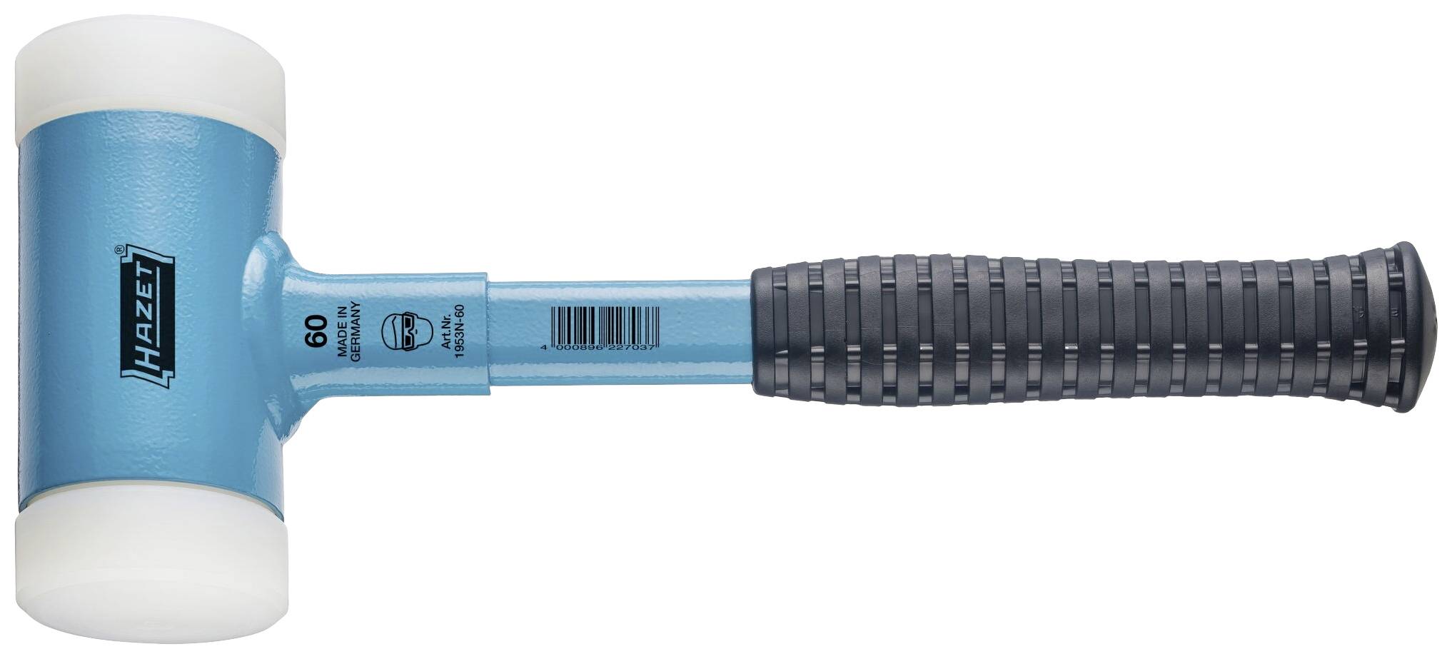 Un marteau de serrurier bleu avec une poignée striée noire et des têtes en plastique blanc à chaque extrémité. Marquage : 'Hazet'.