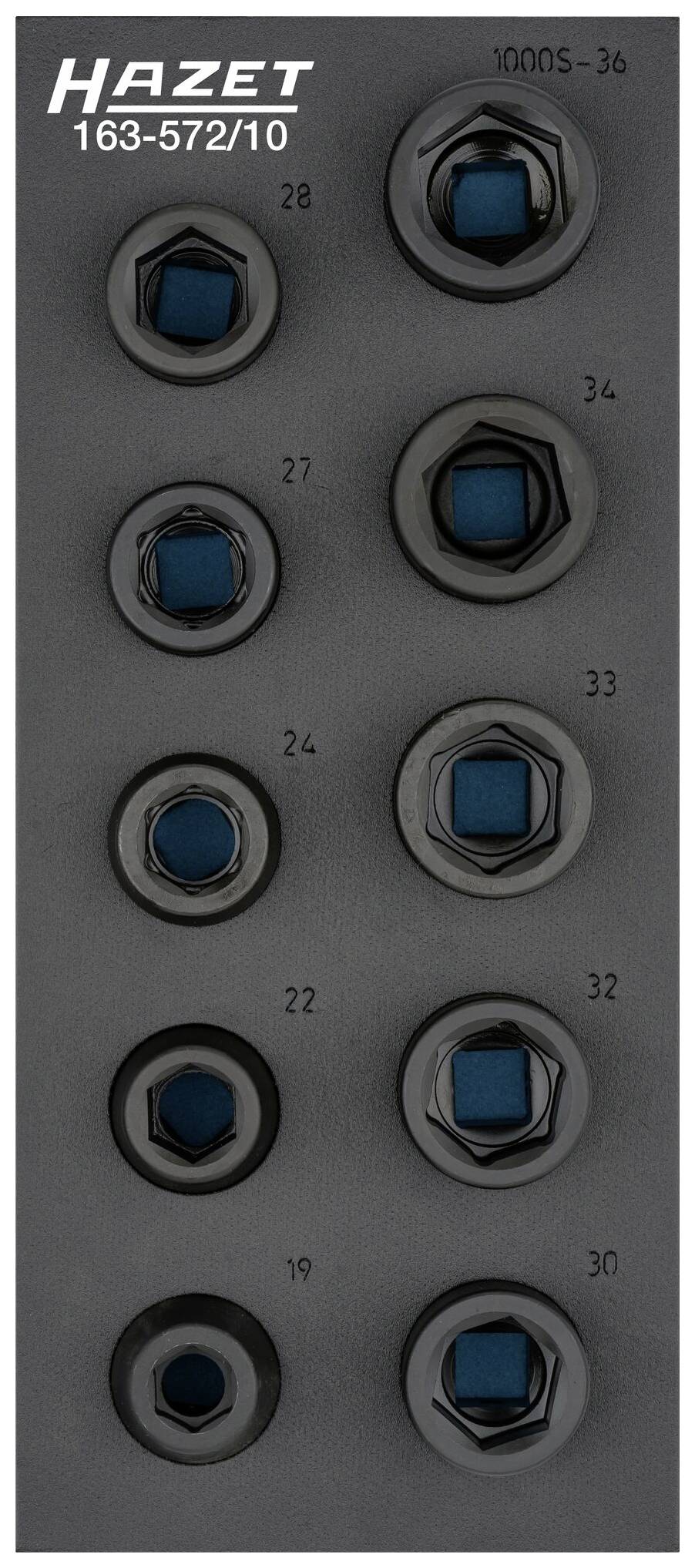 Ensemble d'outils HAZET 163-572/10 comprenant huit douilles et des embouts hexagonaux internes bleus, numérotés de 22 à 36 sur le plateau.